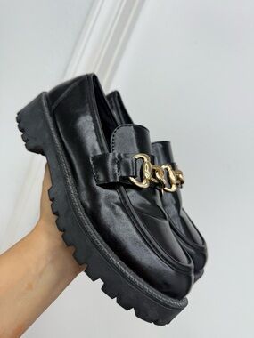 Black Women's Chunky Loafer with Gold Chain Accent
